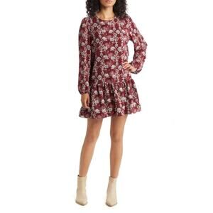 Caslon Floral Print Drop Waist Long Sleeve Mini Dress Size XS Burgundy White